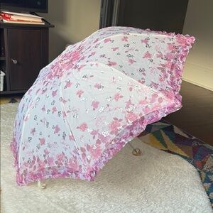 Floral Pink and White Cloth Umbrella